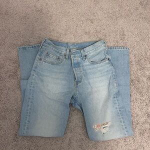 501 Levis Light Wash Denim Jeans with Embroidered Rip and Floral Design